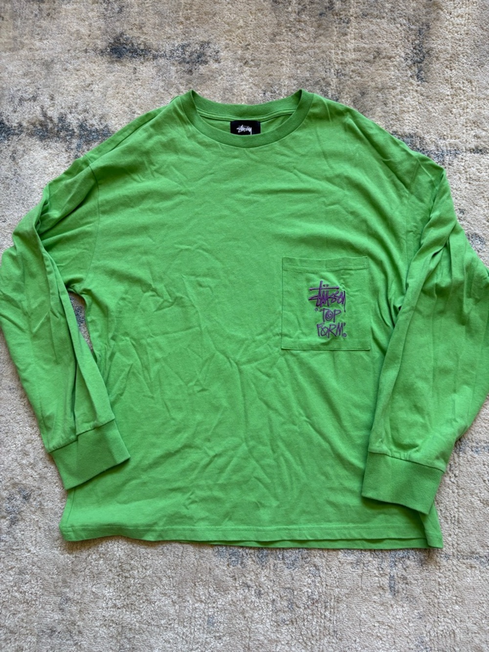 Stussy Neon Green Crewneck Tee with Black Logo Tag